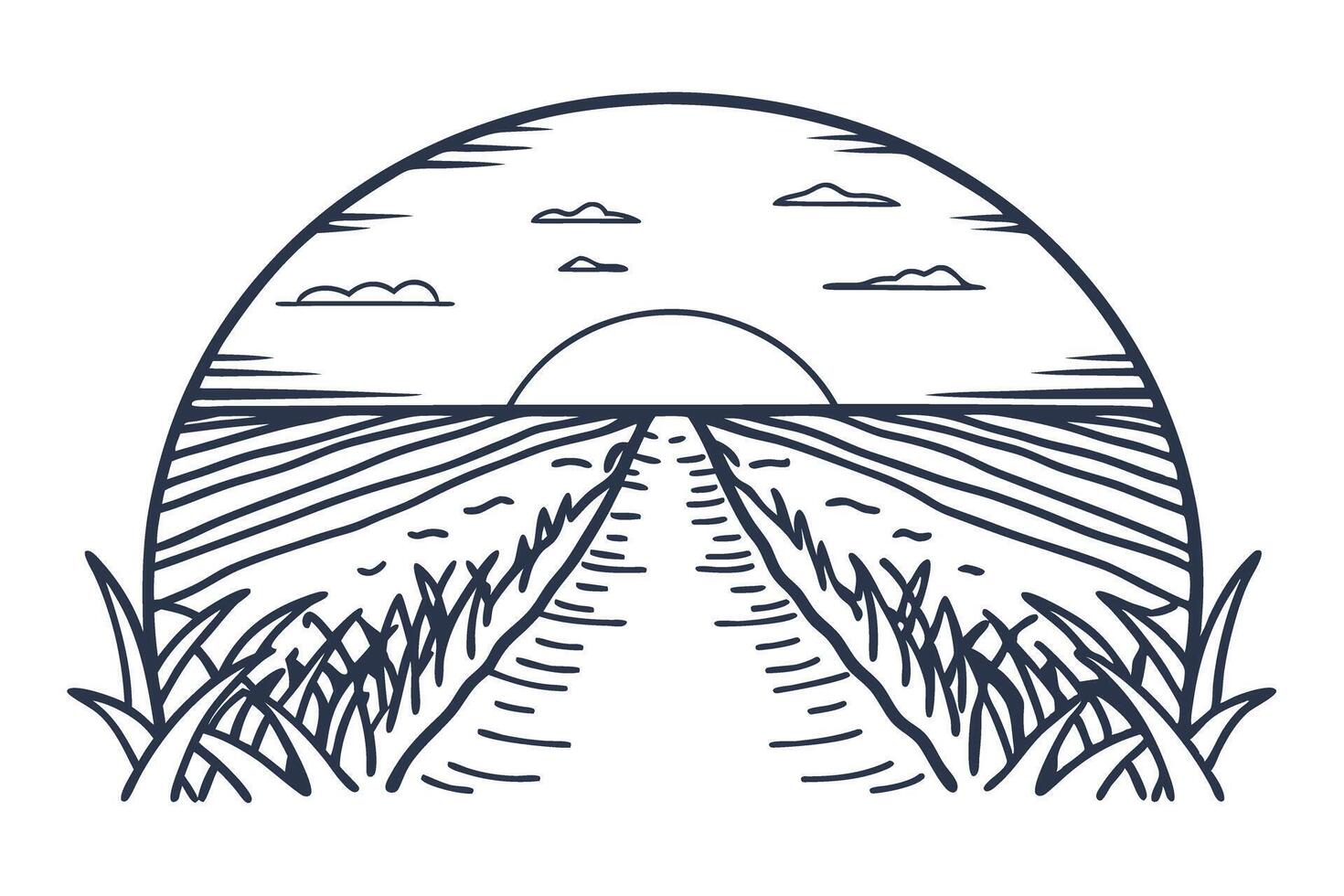 Sunset over horizon with path through grassy fields and clouds vector