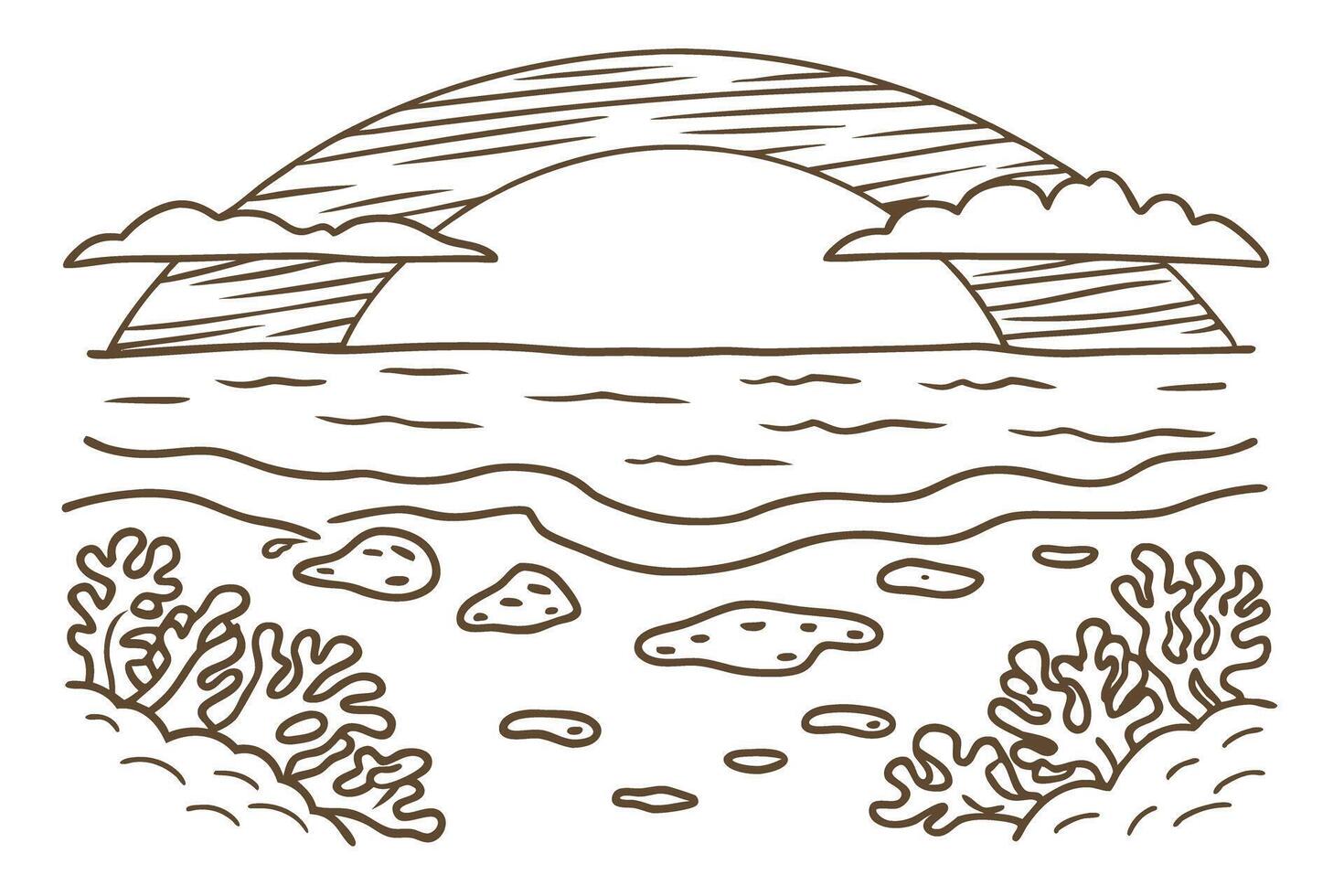 Minimalist ocean scene with coral and sun setting behind clouds vector