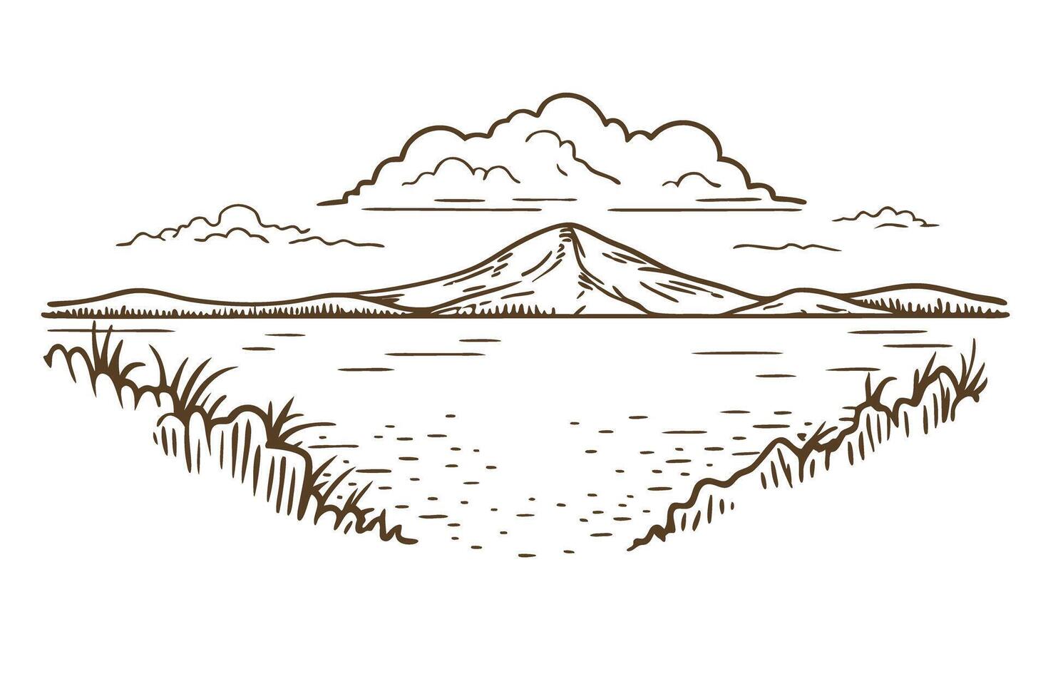 serene mountain landscape peaceful lake, calm nature scenery, tranquil clouds, reflection view vector
