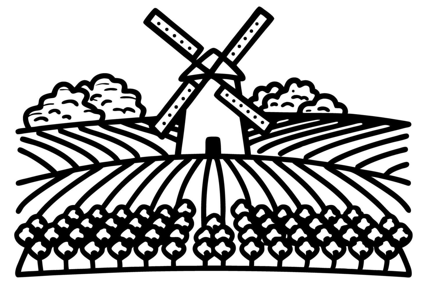 Windmill in countryside landscape with fields and trees nature, agriculture, rural scene vector