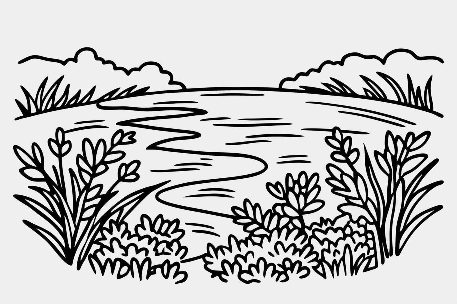 Scenic river landscape illustration with lush vegetation and rolling hills vector