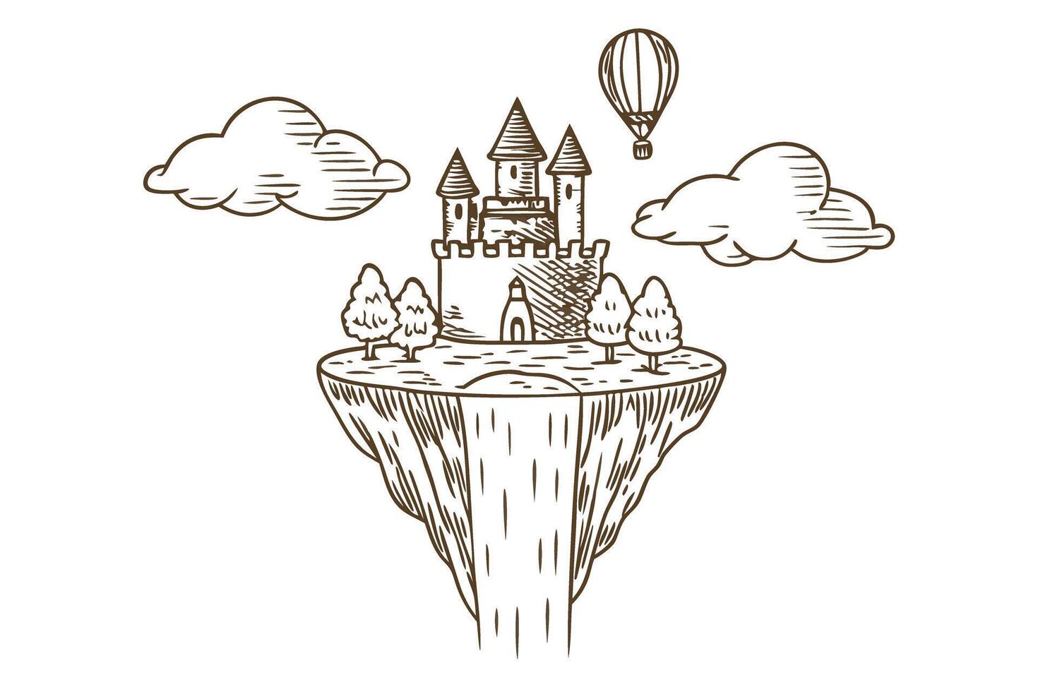 Fantasy floating island with castle, trees, clouds, and hot air balloon illustration vector