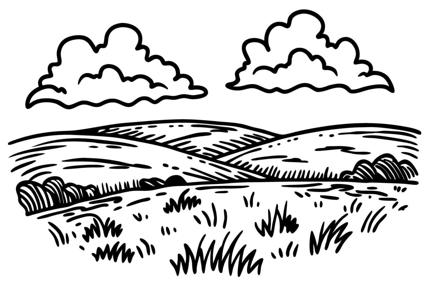 Scenic landscape illustration with rolling hills and clouds in black and white art vector