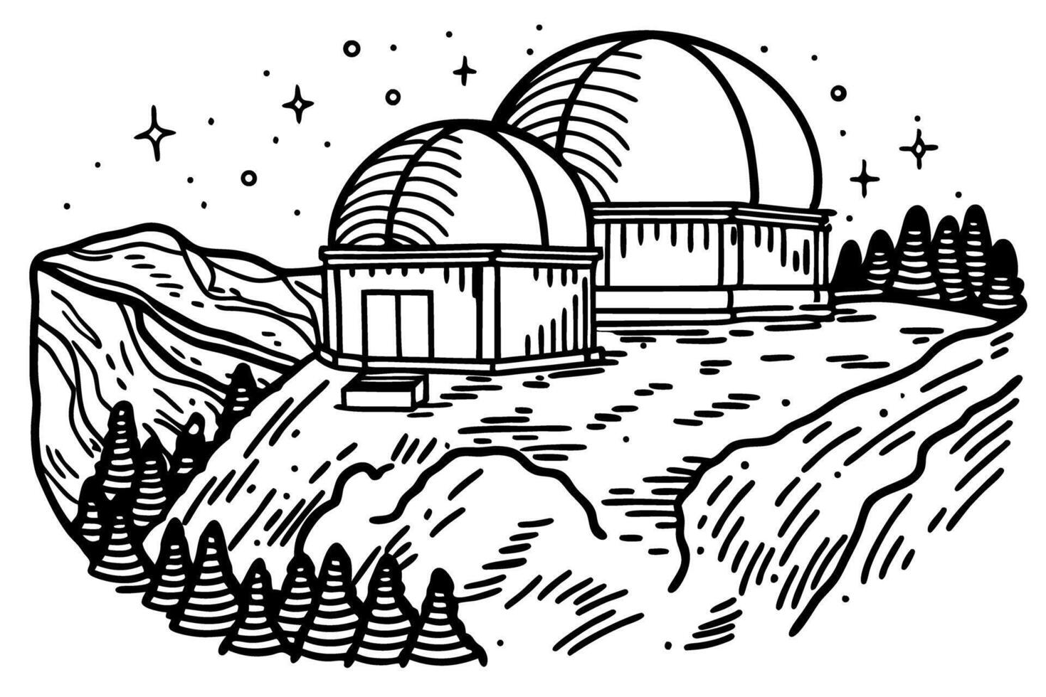 Mountain observatory illustration with starry night sky and telescope domes vector