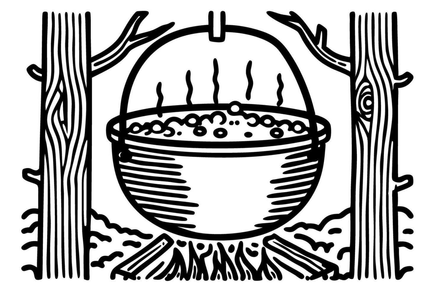 campfire cooking hanging pot with steaming soup amidst forest trees vector