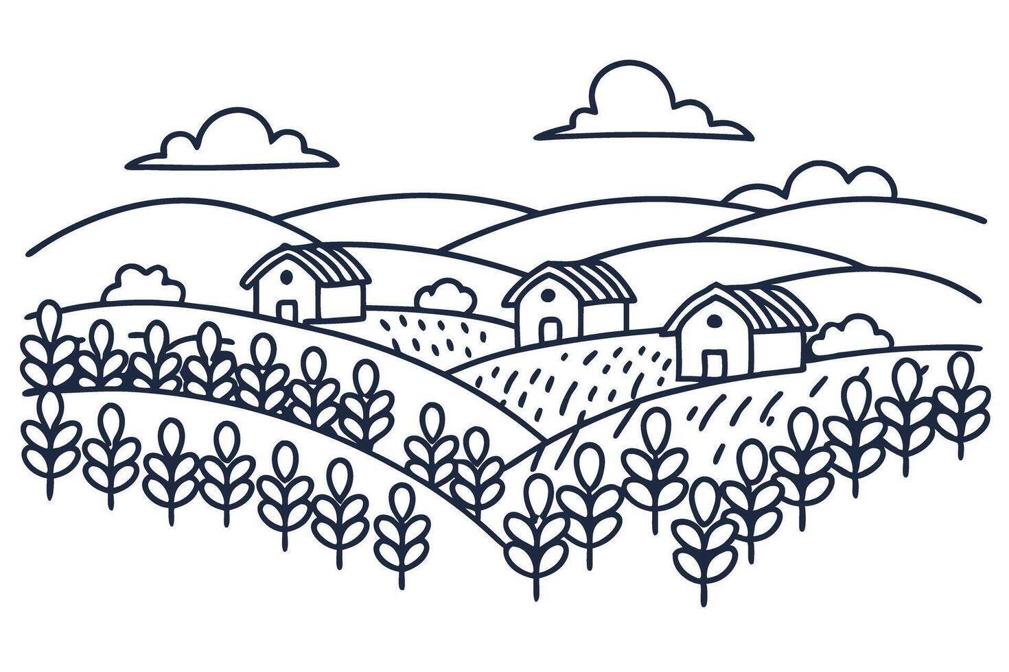 rustic countryside scene with farmhouses, fields, and rolling hills in line art illustration vector