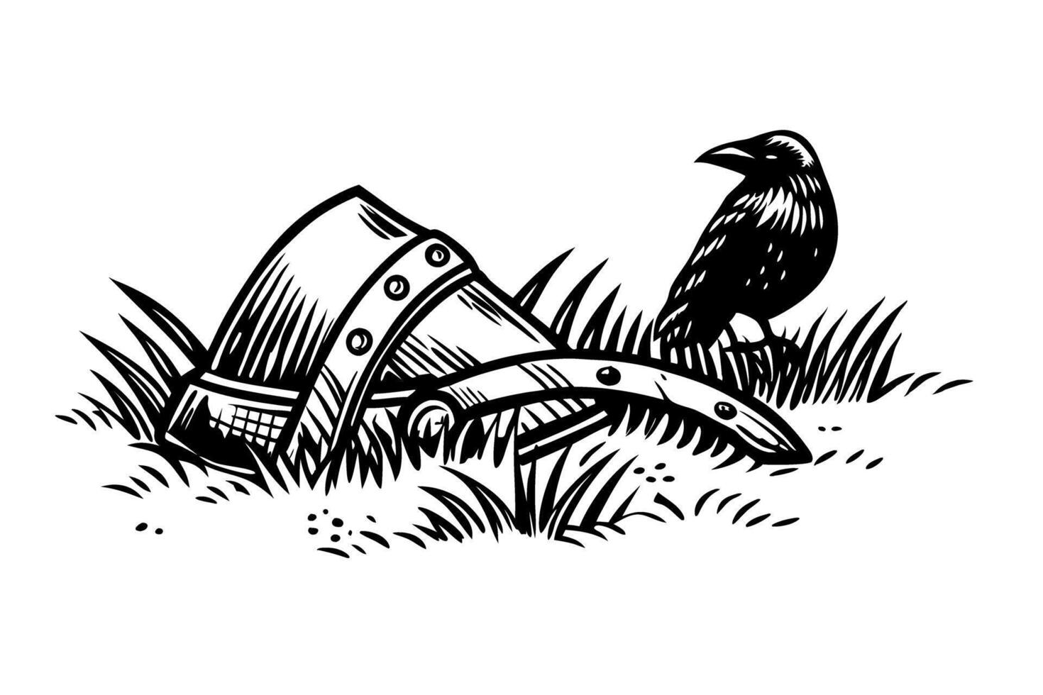 Medieval helmet and raven in grass black and white illustration of knight's armor and bird vector