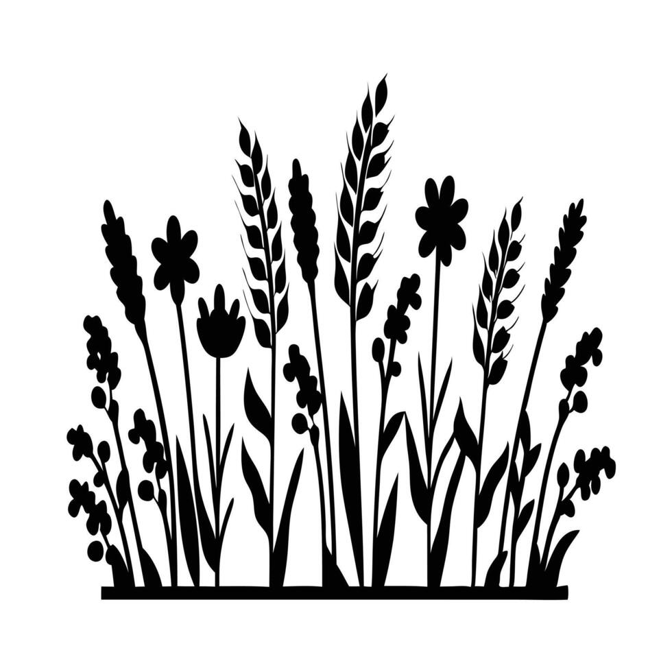 Field Of Black Silhouette Wildflowers And Wheat Isolated On White Background vector