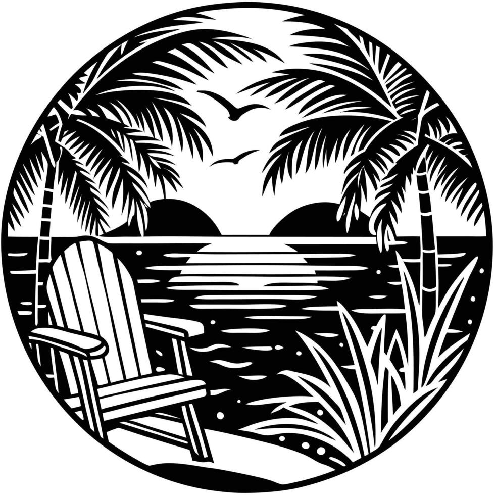 Adirondack Chair On Beach At Sunset With Palm Trees Silhouette vector