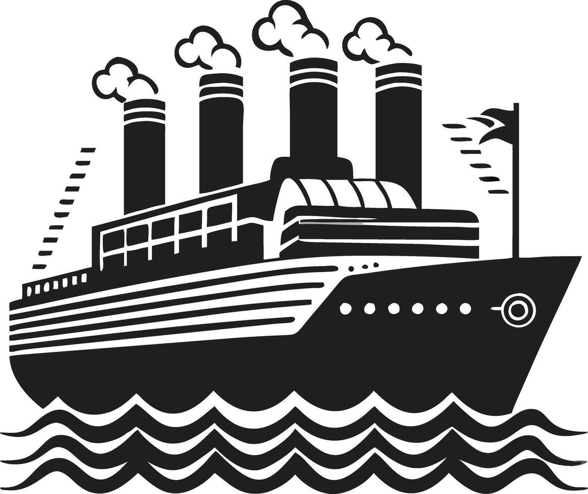 Black And White Steamship Graphic Illustration On Ocean Waters With Three Funnels vector