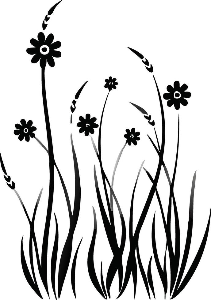 Black And White Floral Illustration With Flowers And Leaves Minimalist Botanical vector