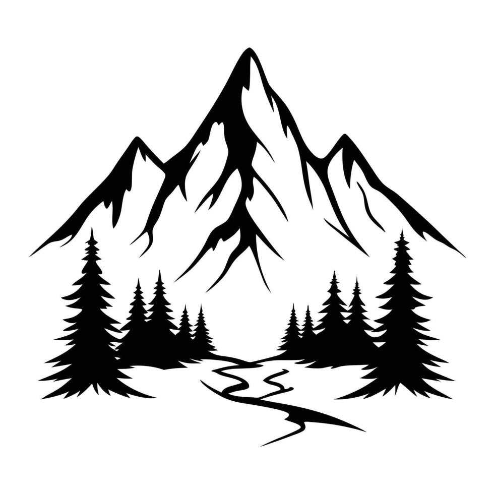 Black Silhouette Mountain Landscape With Pine Trees And River Stream Illustration vector