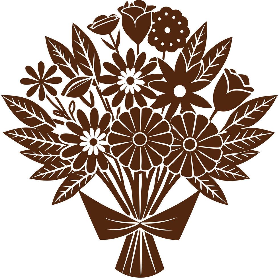 Decorative Bouquet Of Flowers And Leaves With Ribbon In Brown Silhouette Design vector