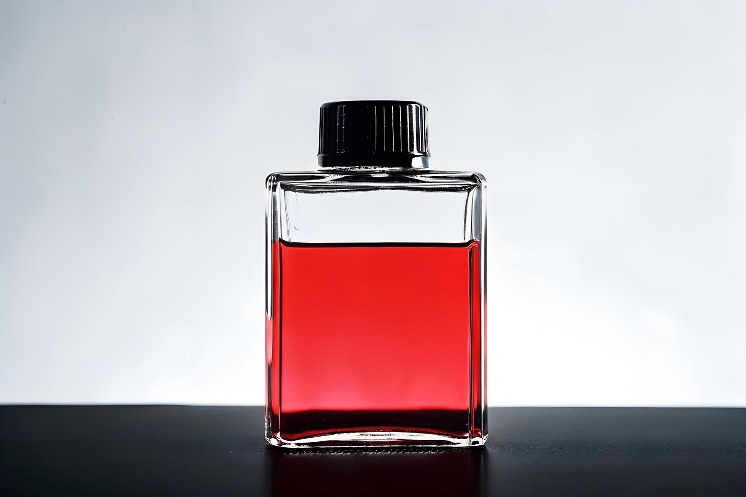 A clear glass bottle with a red liquid inside photo