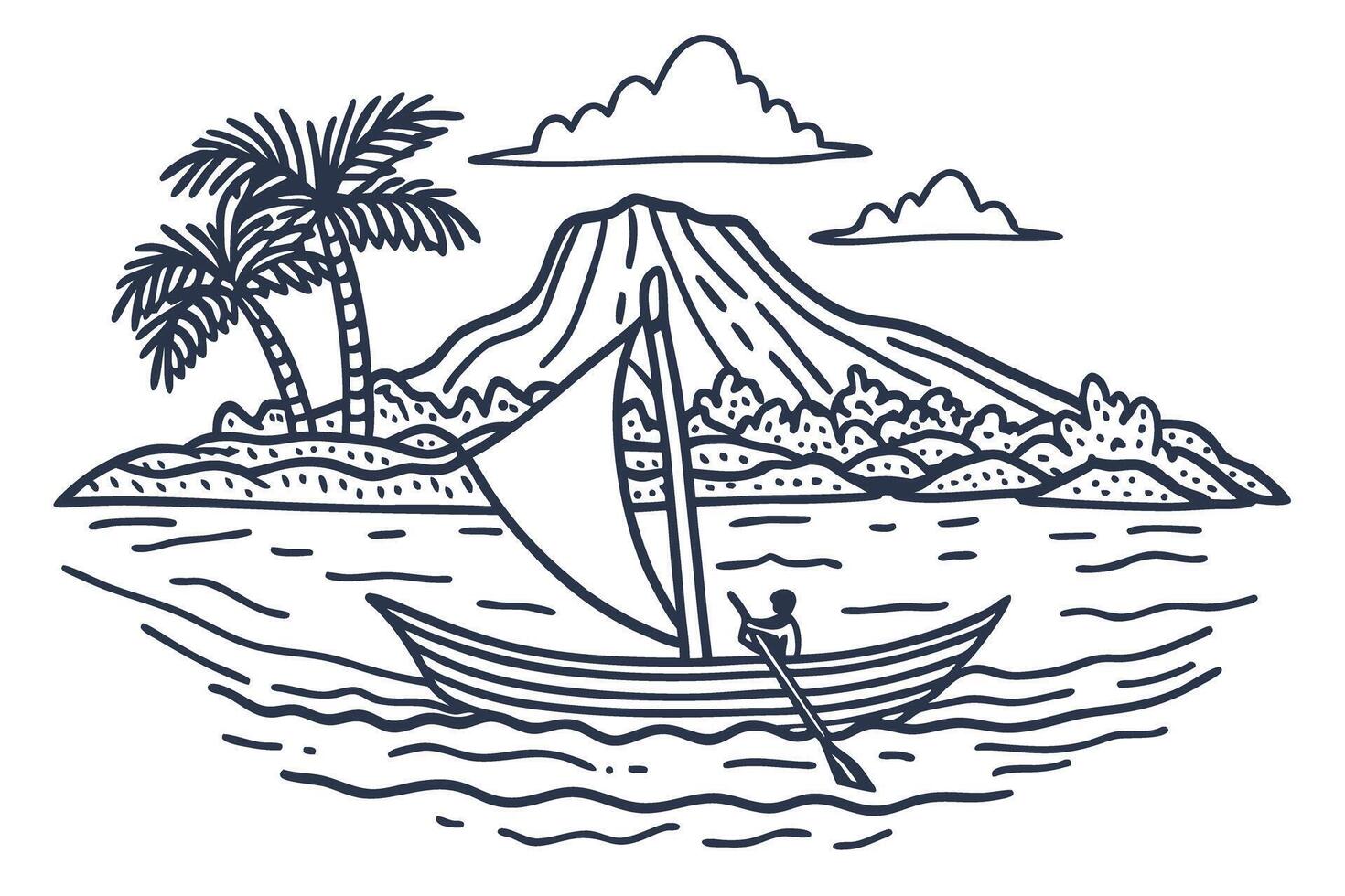 sailing boat on ocean near tropical island with palm trees and volcano in background vector