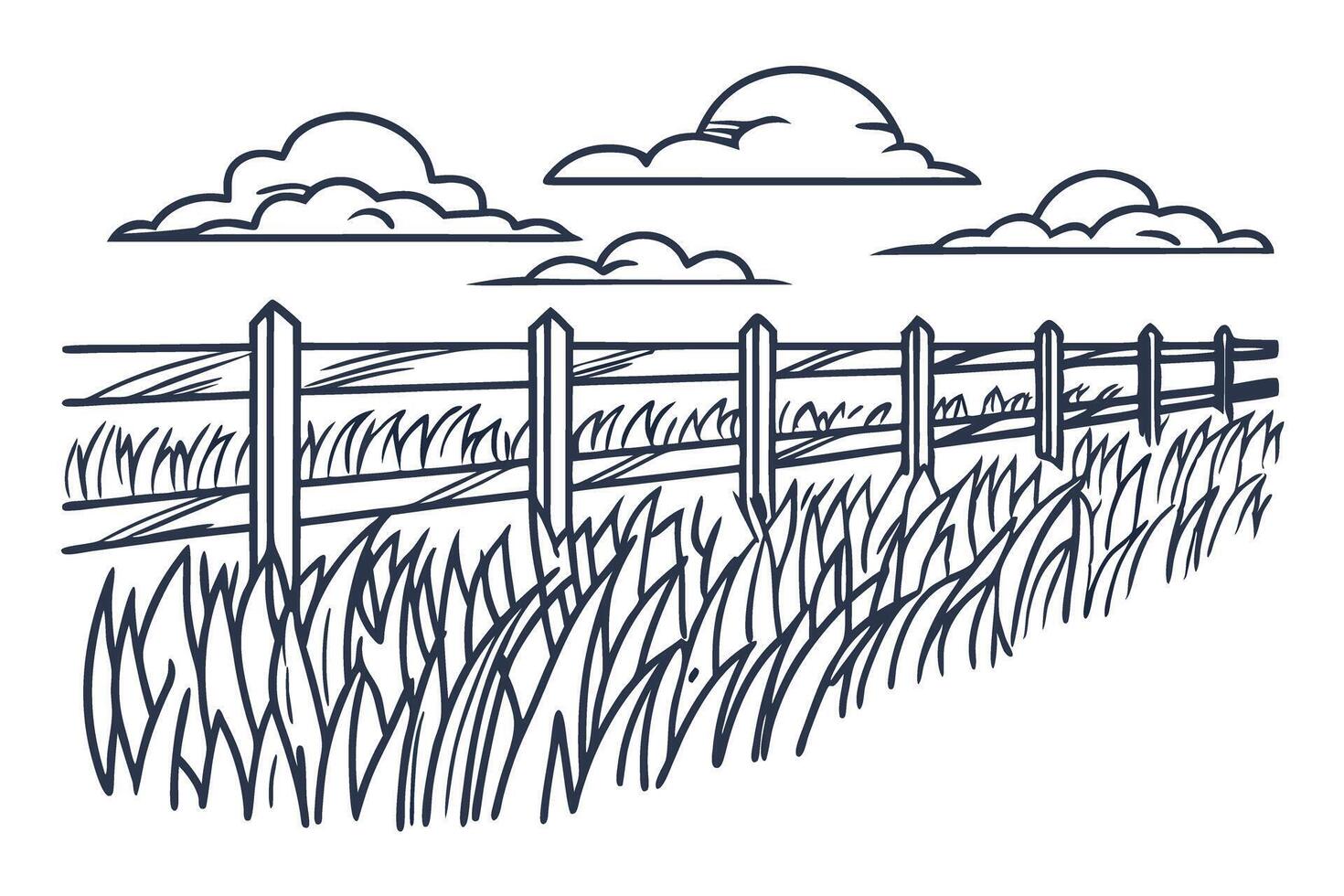 scenic countryside fence overlooking grassy field with outlined clouds in the sky, black and white sketch vector
