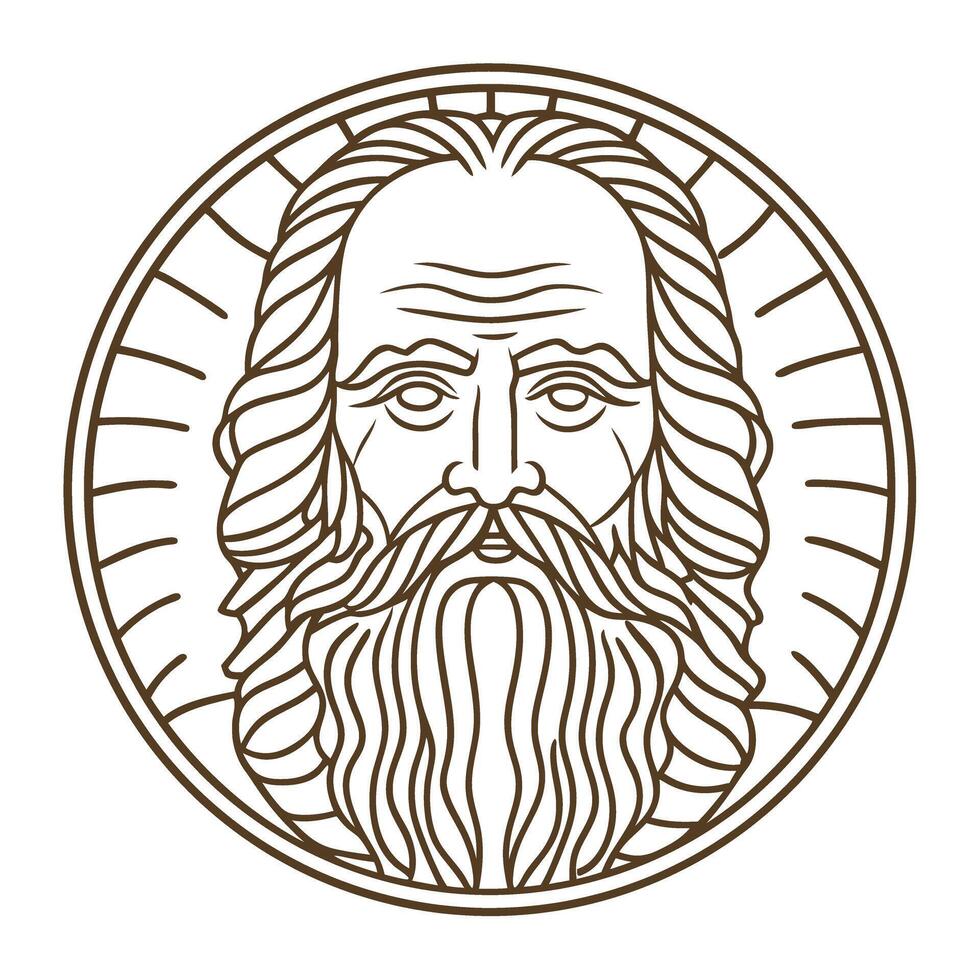 line art portrait of bearded man with long hair in circular frame vector