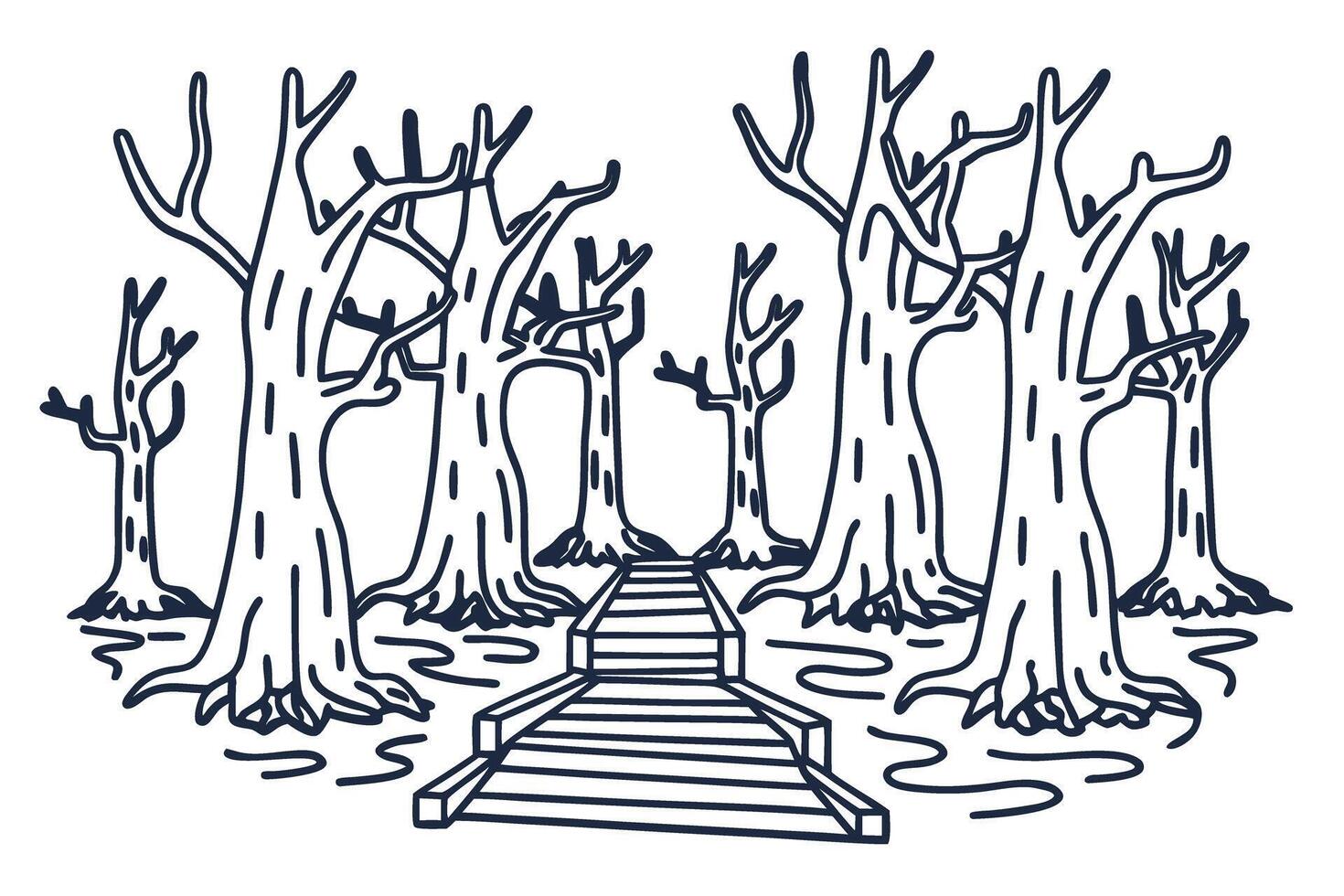Bare trees in swamp with wooden pathway nature, landscape, wetland, sketch illustration vector