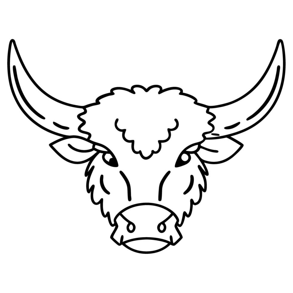 Illustration of bull head with large horns in minimalist black and white line art vector