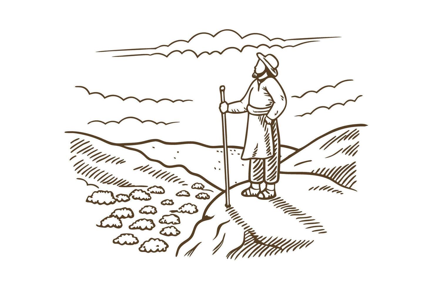 Vintage explorer gazing over scenic landscape with clouds and hills in caravan illustration vector