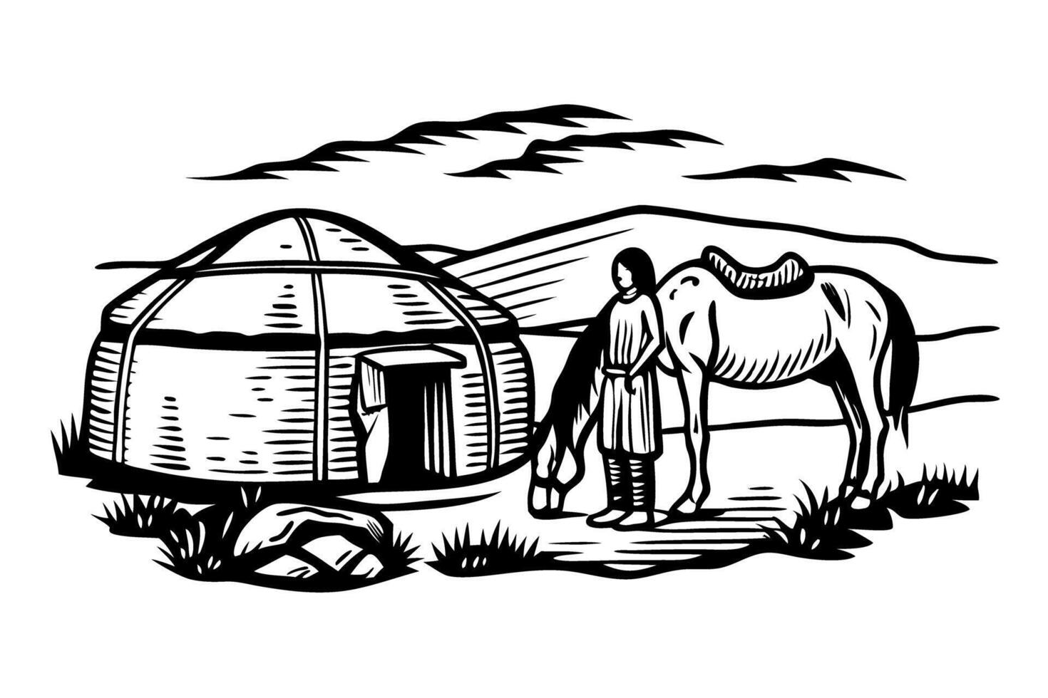 Nomadic life yurt, rider, and horse in traditional landscape vector