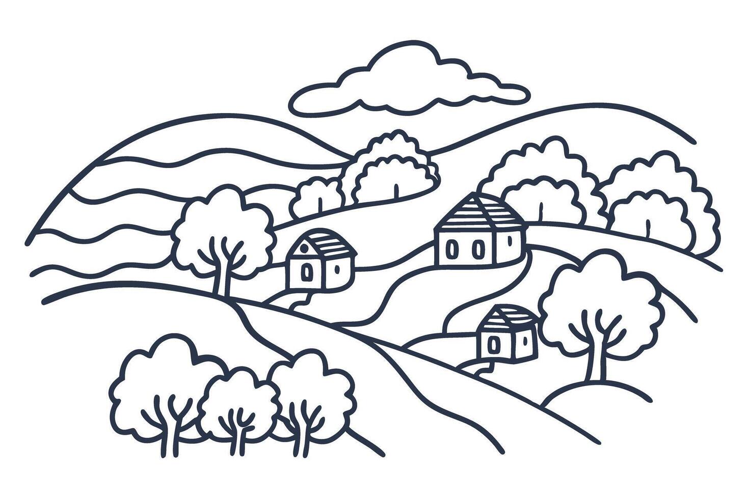 charming rural landscape, simple line art in black and white hills, trees, houses in peaceful nature scene vector