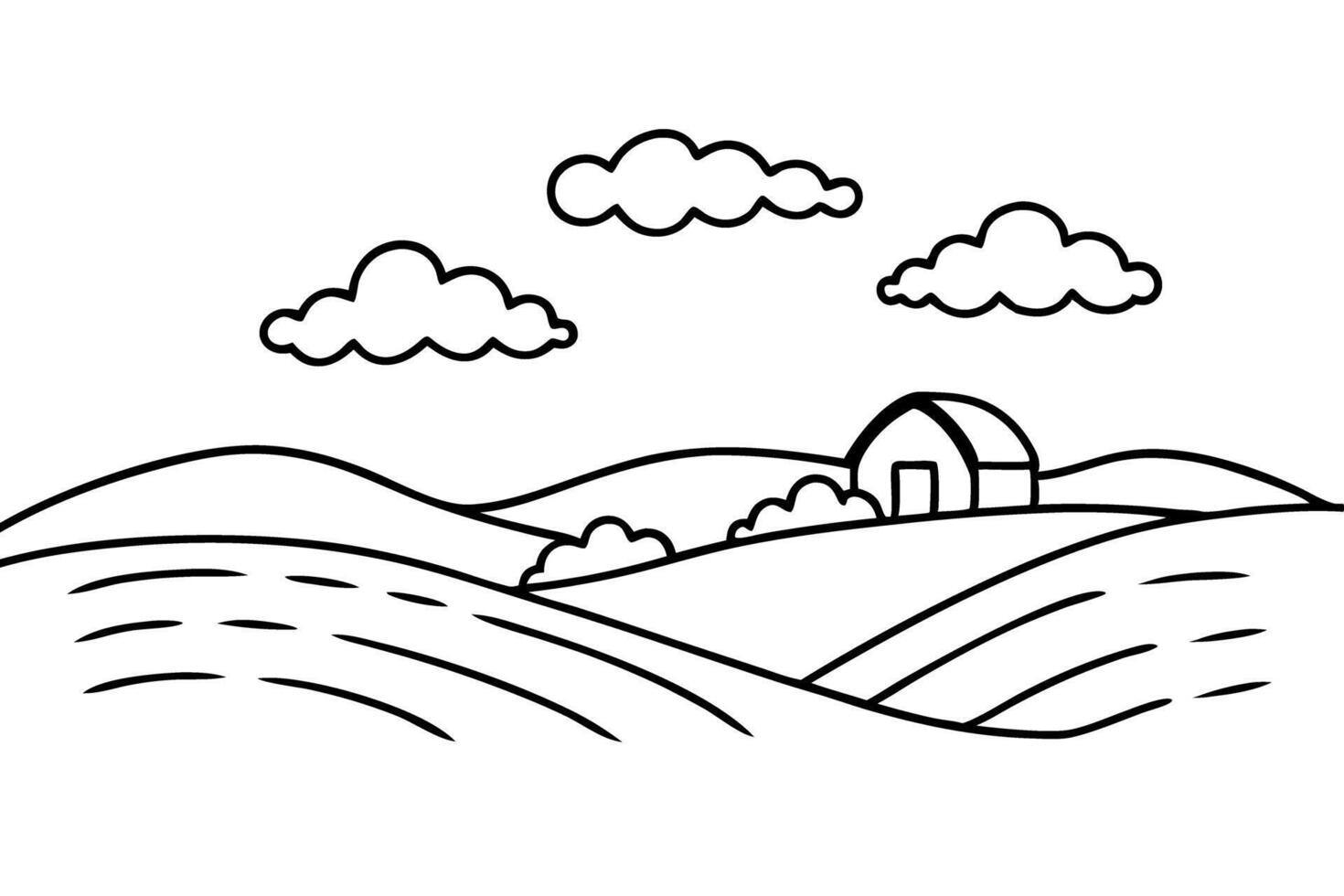 outline of a rural landscape with farmhouse and clouds on rolling hills vector