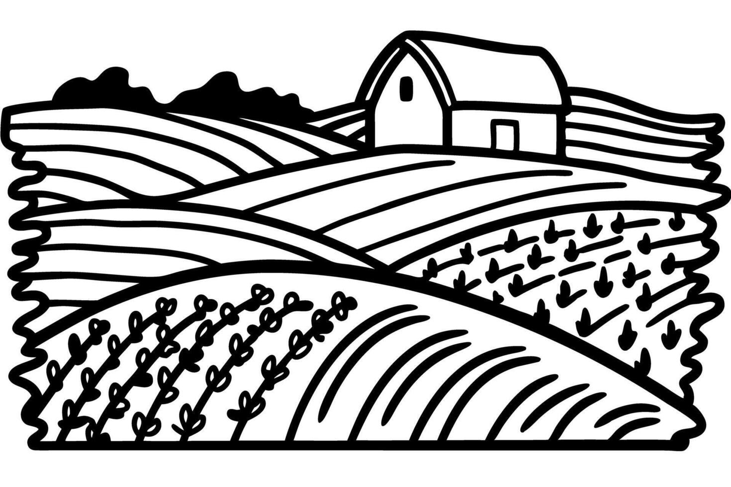 rural farmland landscape with barn agricultural field, crop rows, countryside illustration vector