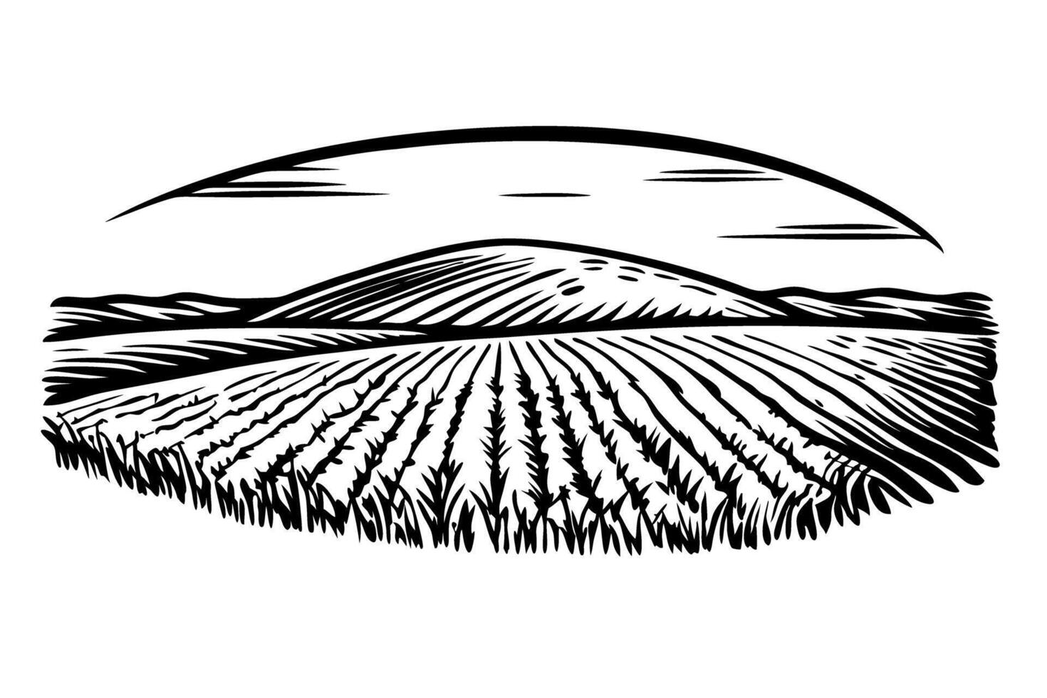 woodcut illustration of agricultural countryside landscape with rolling hills and fields vector