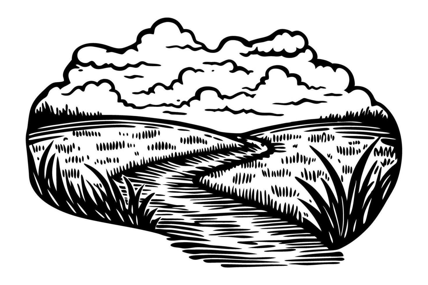 Illustrated countryside path with dramatic overcast sky and rolling fields vector