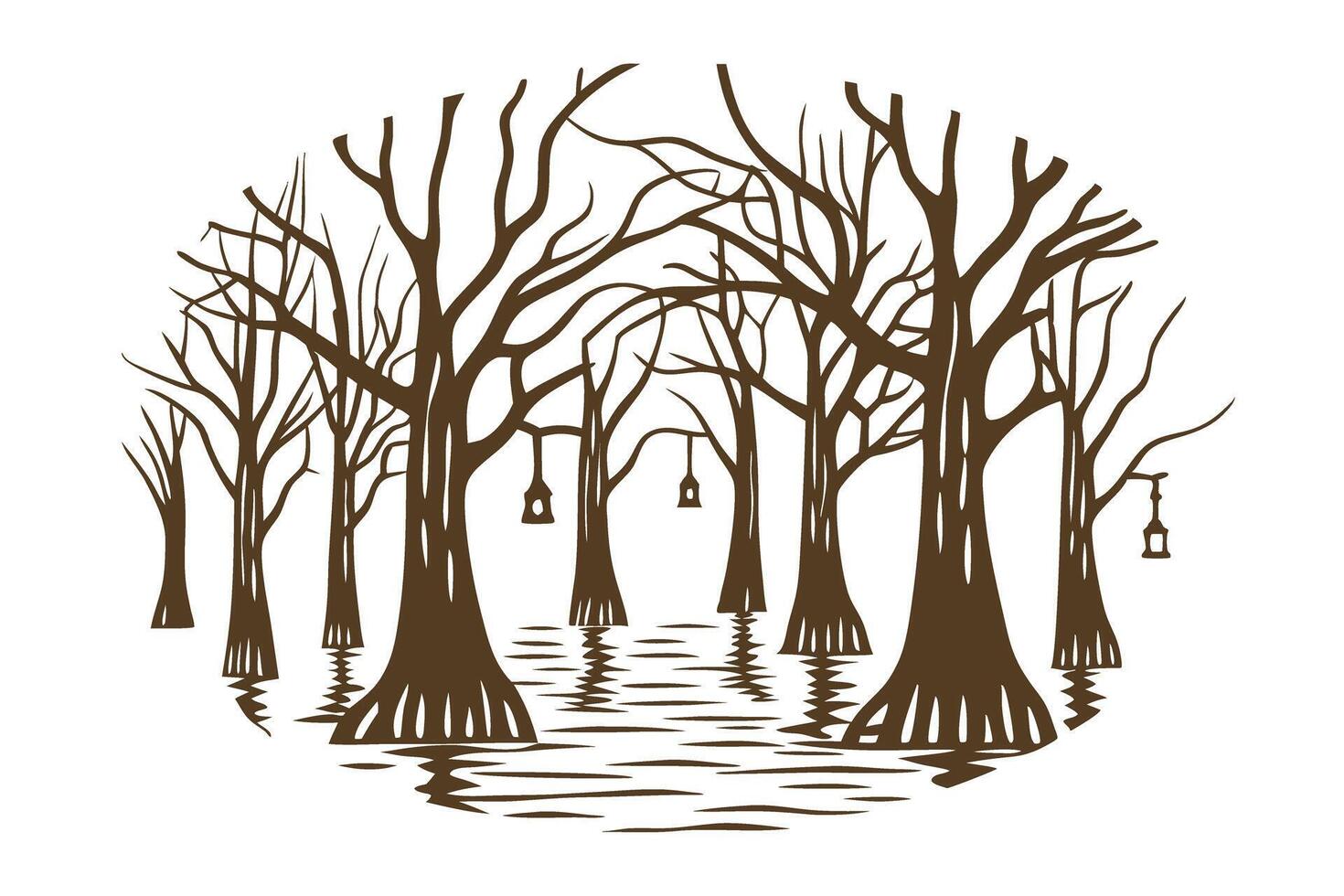 Bare trees in flooded forest with hanging lanterns, tranquil landscape, reflective water surface vector