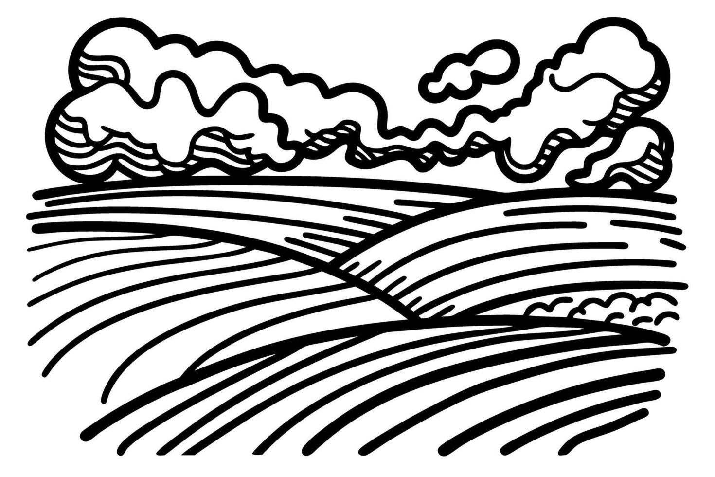 Abstract landscape drawing with swirling clouds and curved fields in black and white vector