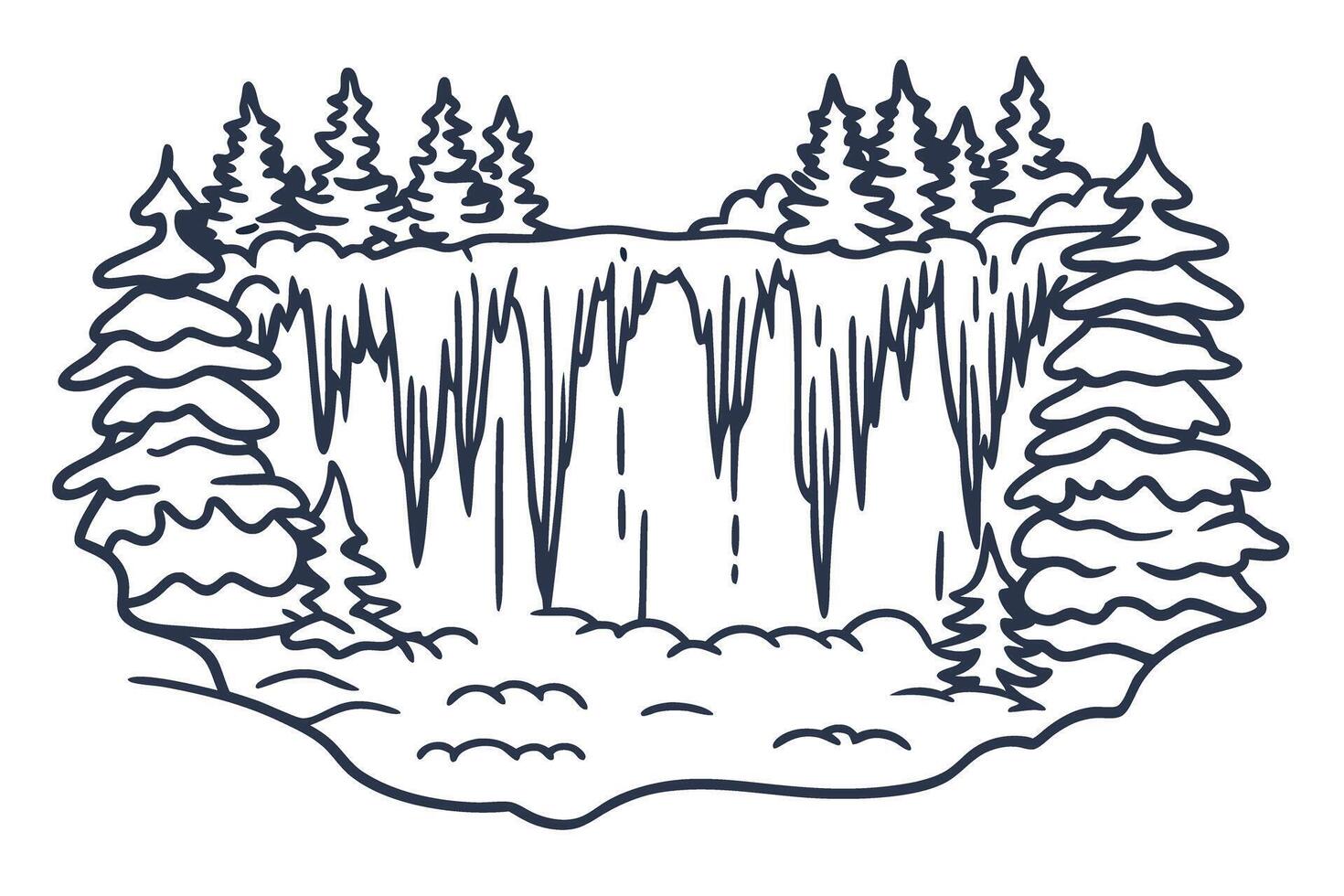 Illustrated winter waterfall scene with snowy trees in a calm forest setting vector