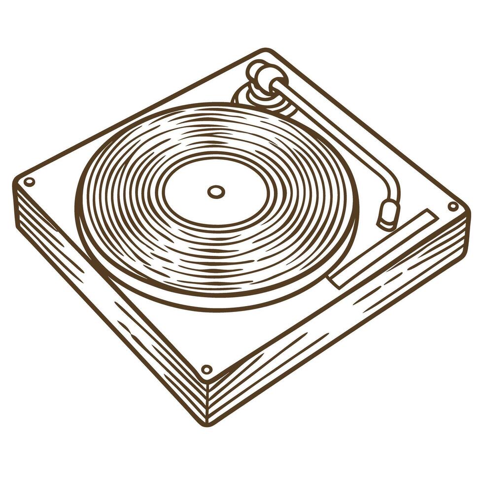 Vintage turntable illustration with detailed record and tonearm on wooden base vector