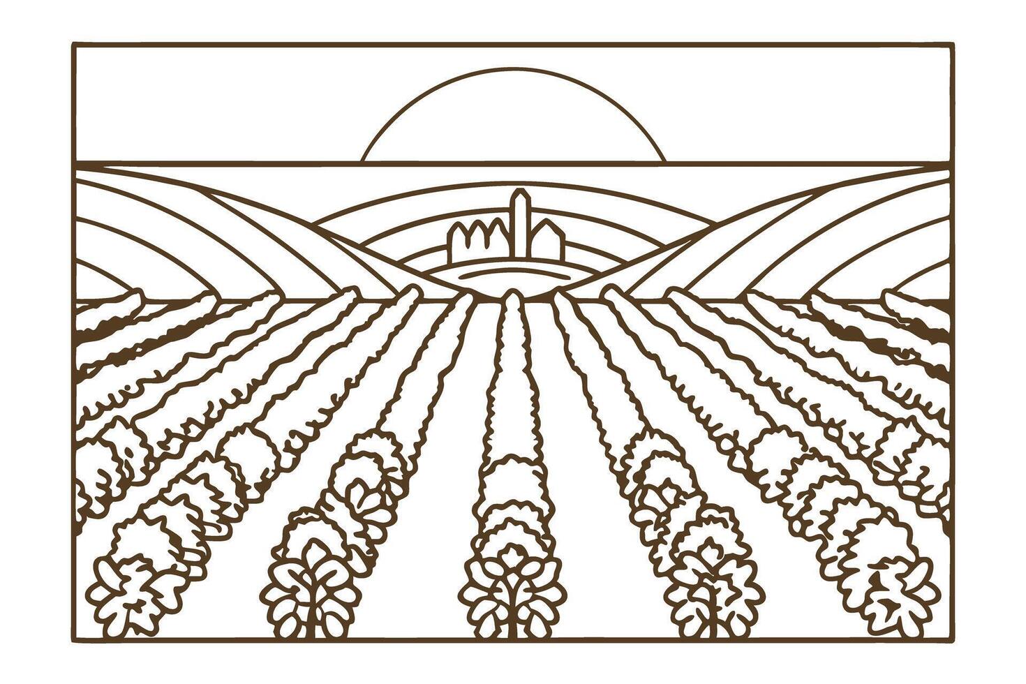 Vineyard landscape at sunset rolling hills, rows of grapevines, tranquil nature setting vector