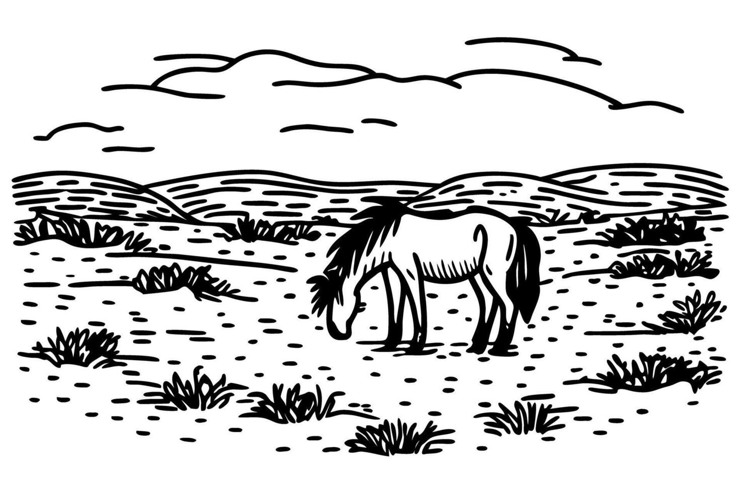 desolate landscape with lone wild horse grazing under cloudy sky, simple black and white illustration vector