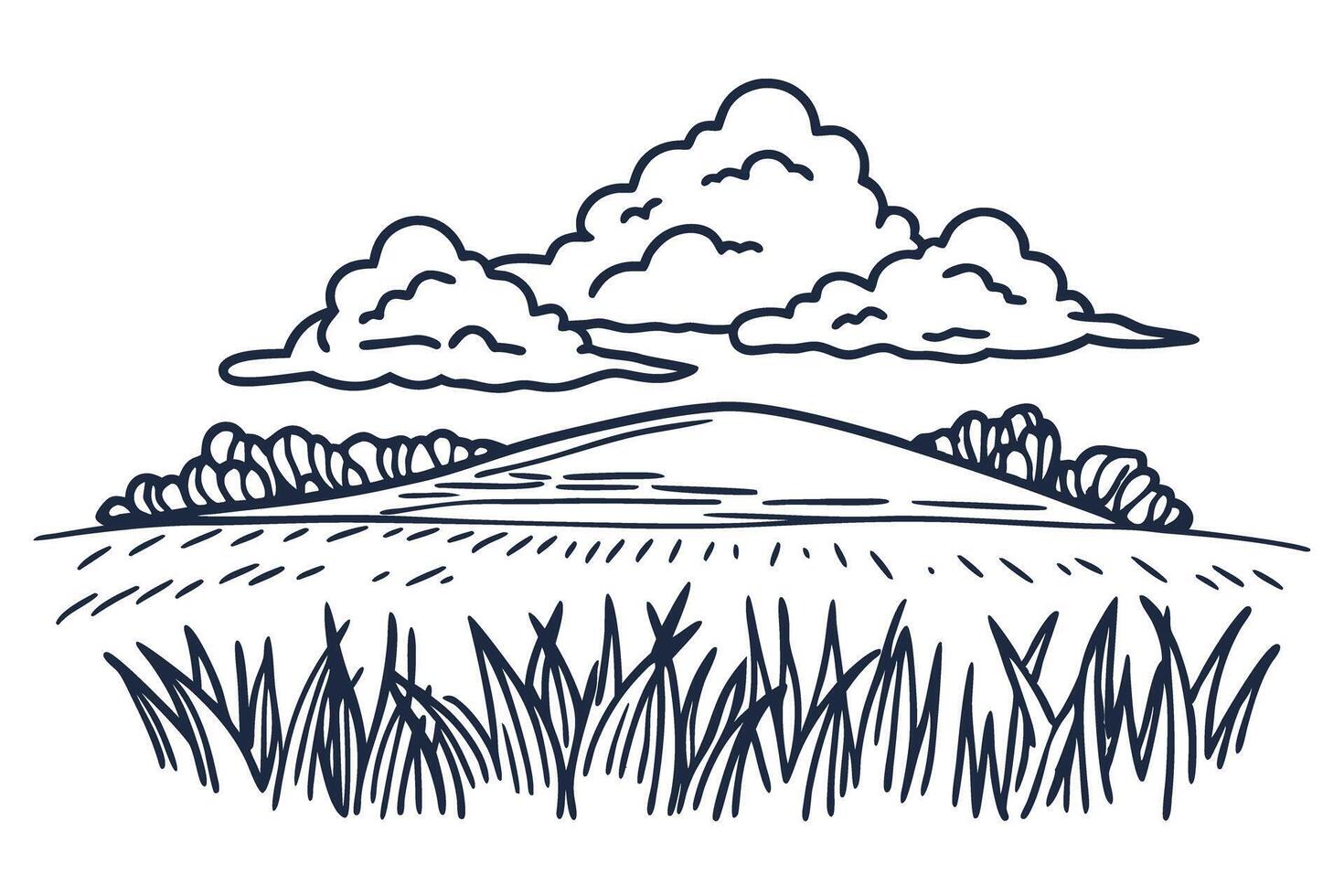 Scenic landscape illustration rolling hills, clouds, grassy fields, nature art vector