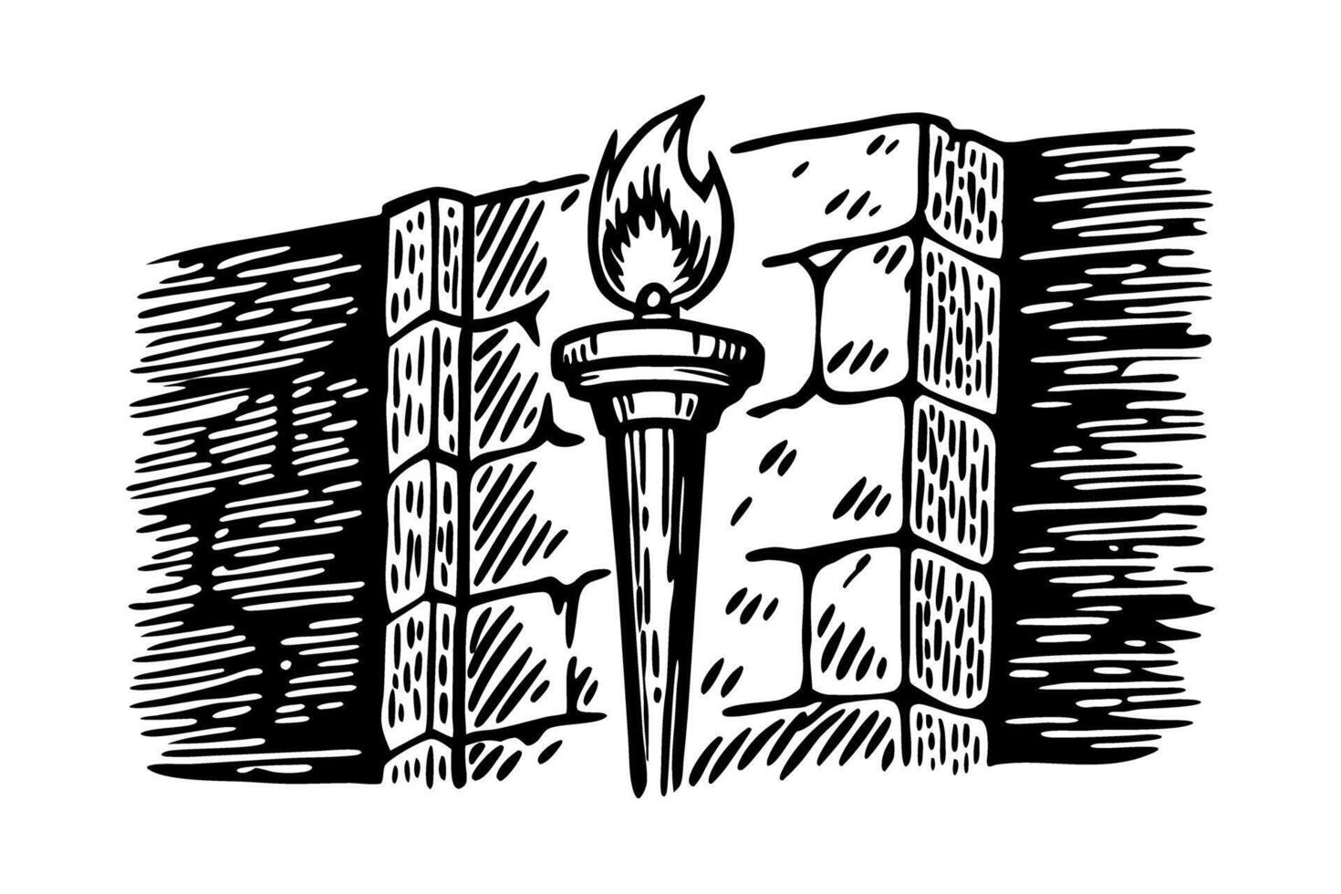Classic torch and brick wall sketch symbol of light, hope, freedom stylized vintage illustration vector