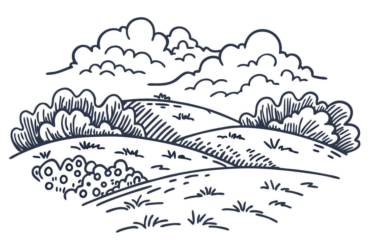 Peaceful countryside landscape with rolling hills and clouds in minimalist sketch art vector
