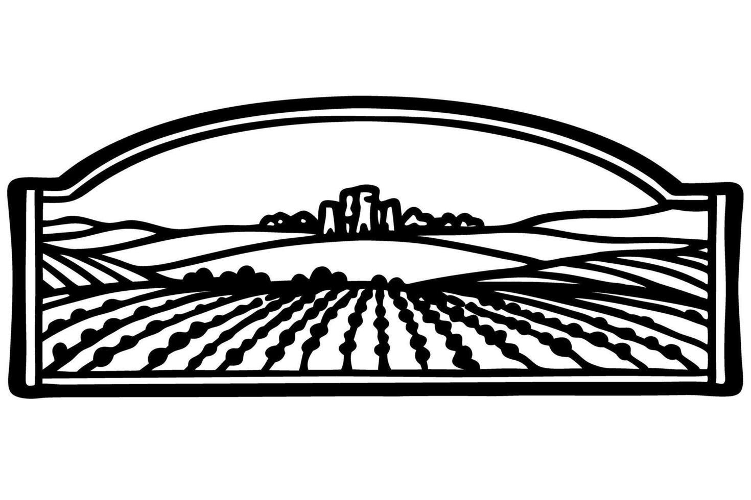 Rolling countryside with vineyard and distant hills under clear sky vector