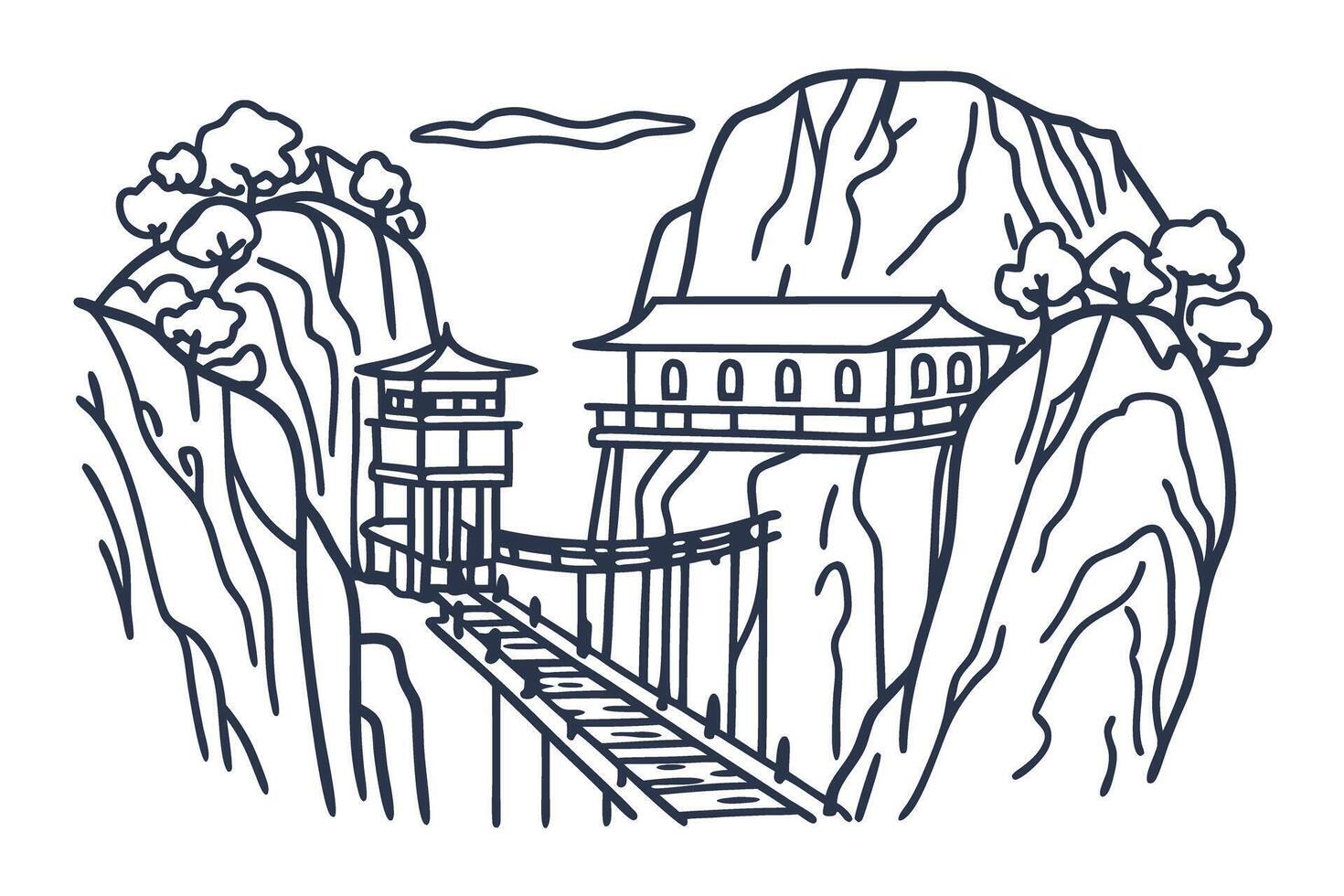 Mountain pathway and traditional building in rugged terrain, minimalist line art design vector