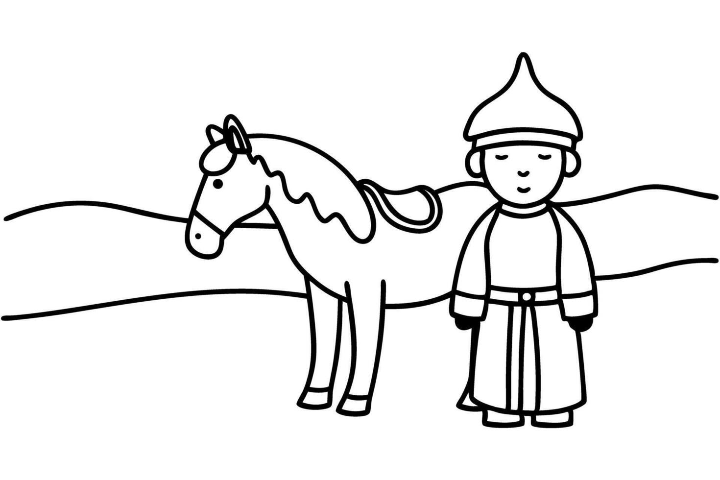 Traditional nomad with horse in simple black and white line art vector