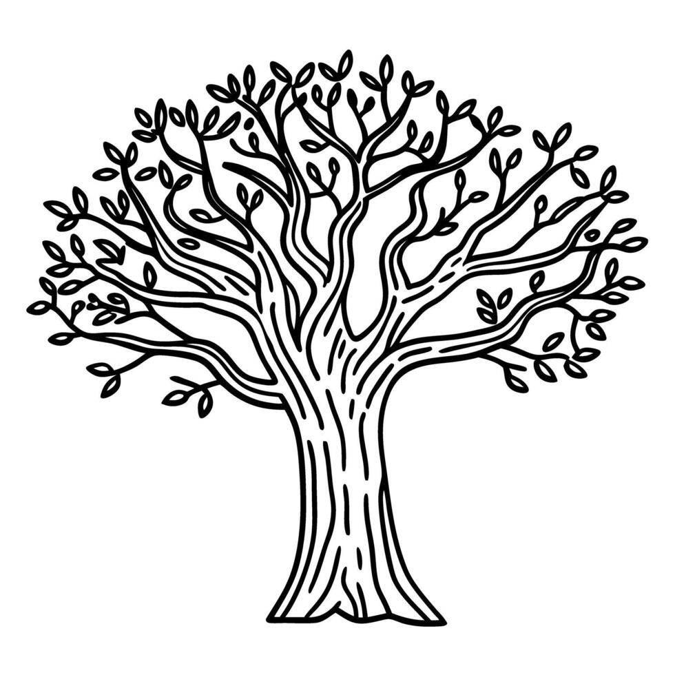 intricate black and white tree drawing with branches and leaves outline illustration vector
