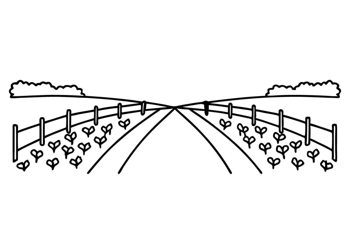 line art countryside landscape with fields, road, fence, and trees vector