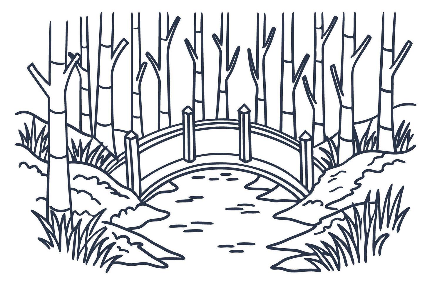 Scenic bridge over stream in a tranquil forest landscape with bare trees vector