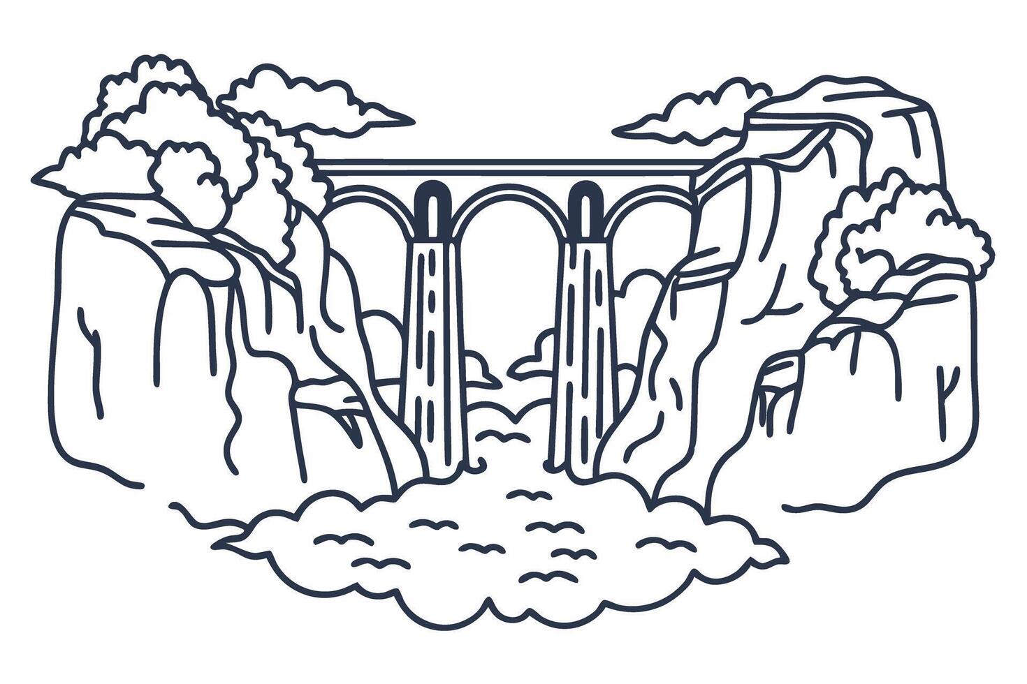 Scenic bridge with mountains and clouds in line art style, showcasing natural beauty and architecture vector