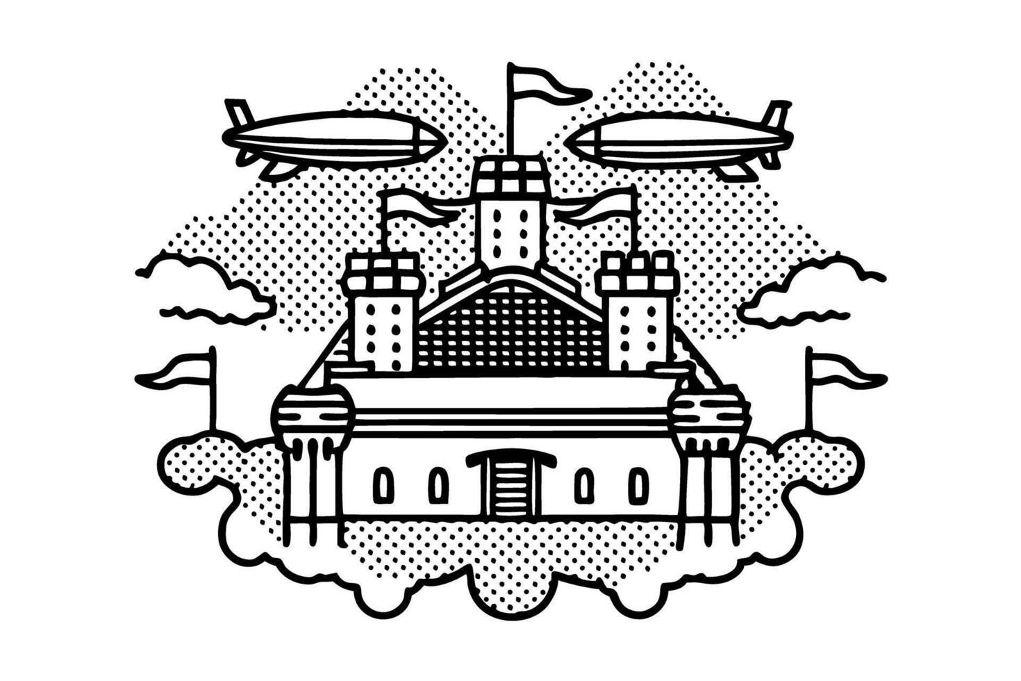black and white castle illustration with airships, flags, and clouds in a vintage vector