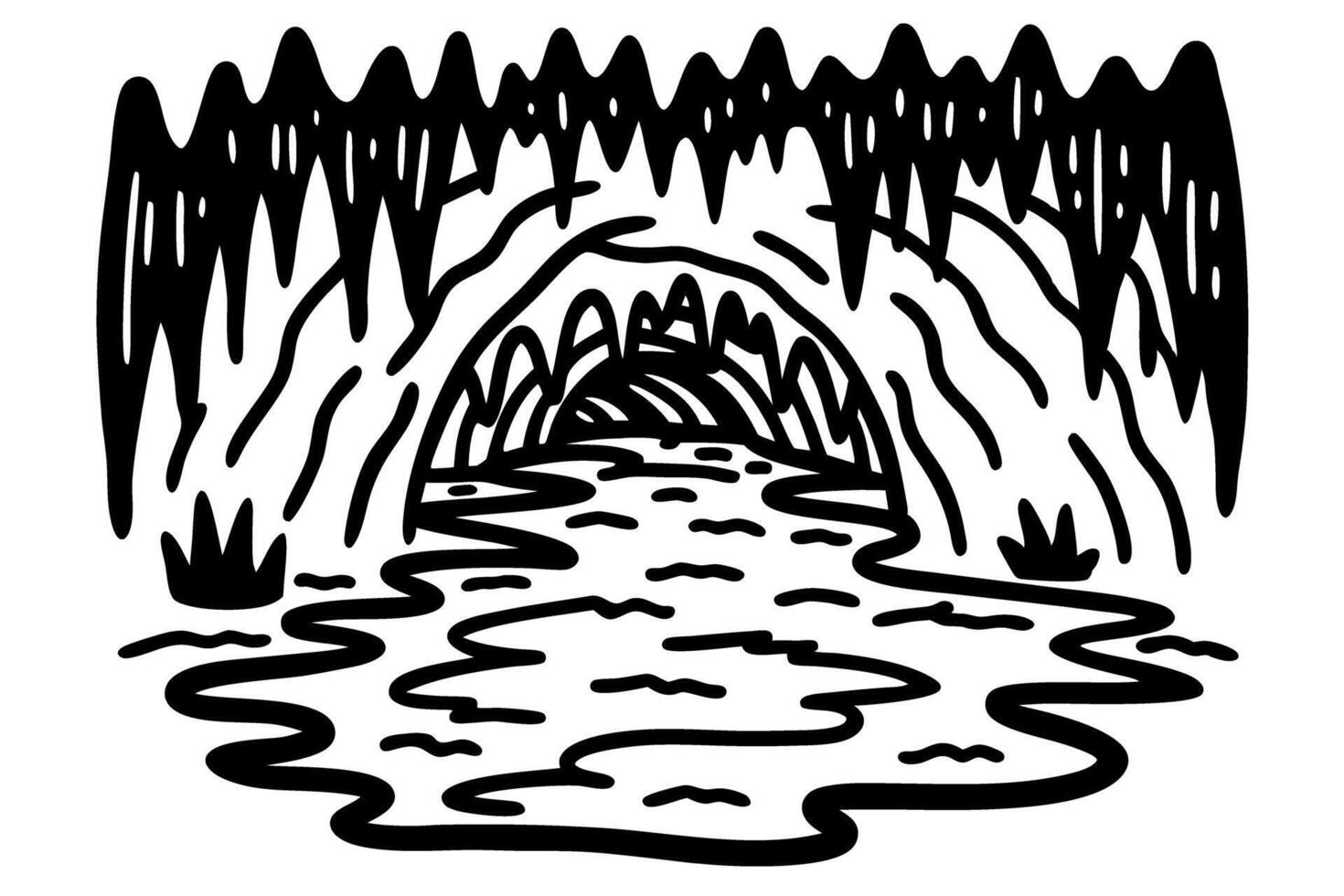 Black and white cave drawing with flowing river and stalactites sketch artwork vector