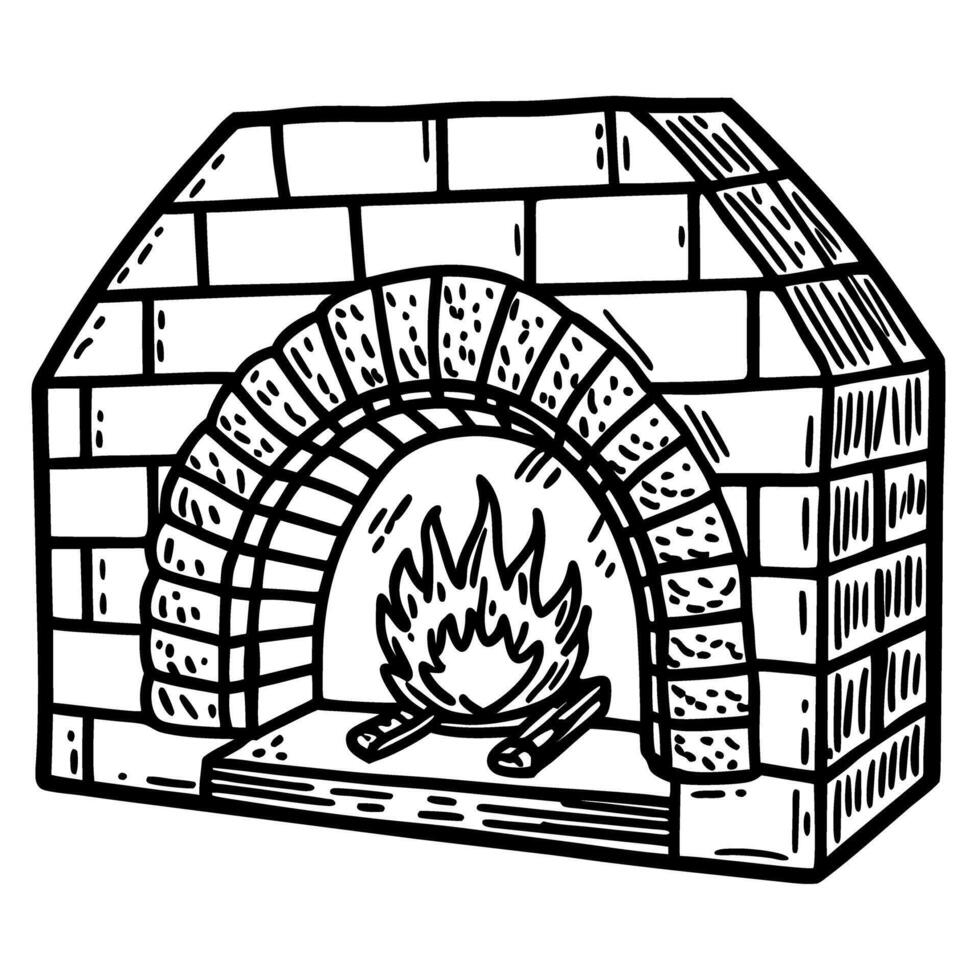 brick fireplace illustration with burning firewood cozy hearth, rustic warmth, hand drawn vector