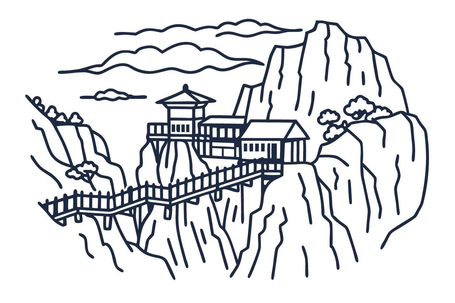 Traditional mountain cliff temple with wooden bridge and scenic clouds vector
